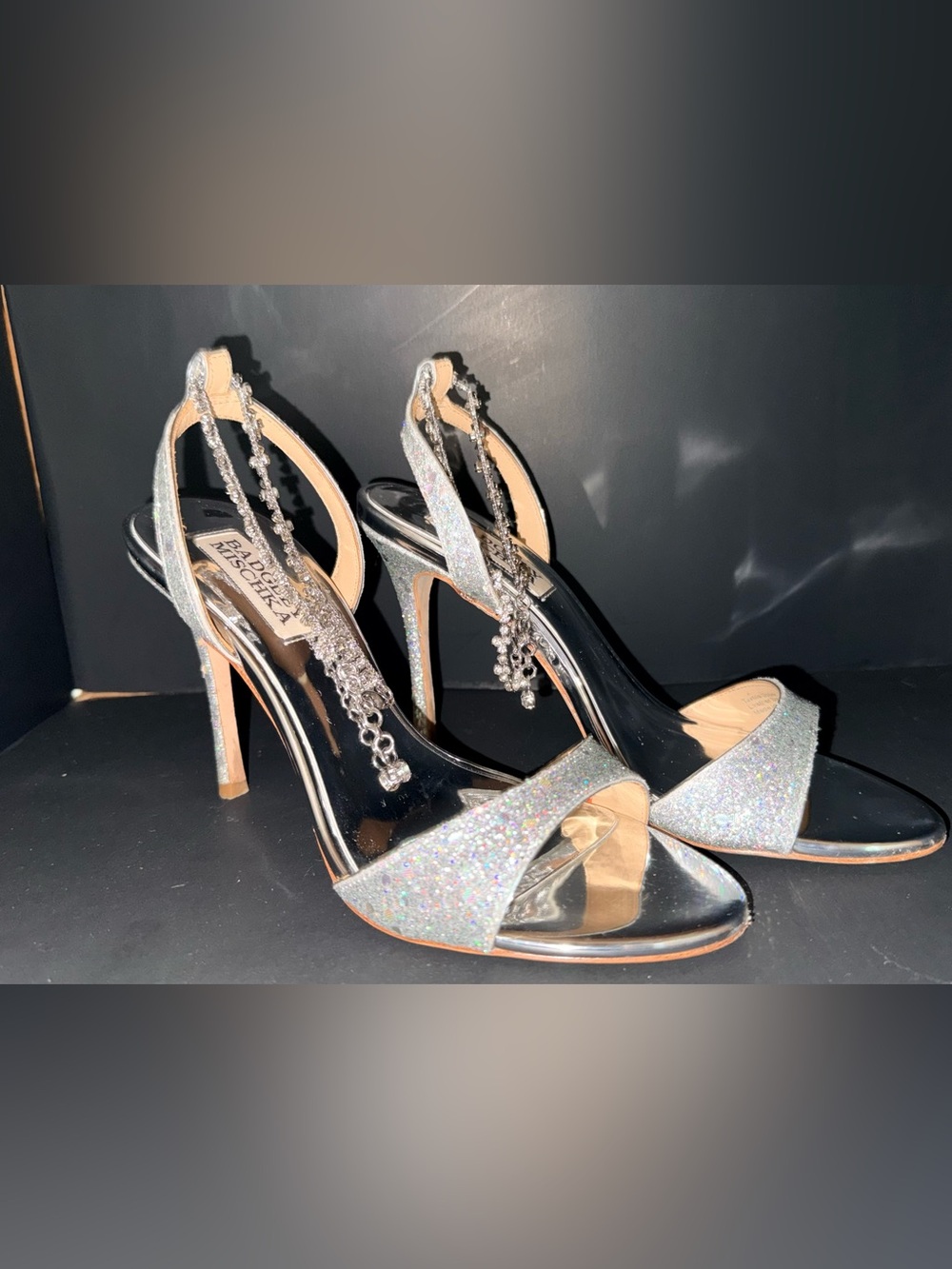 Badgley Mischka Silver Glitter Slingback Heels with Chain Tassels